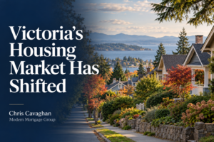 “Illustrated Greater Victoria residential neighbourhood with the headline Victoria’s Housing Market Has Shifted.”